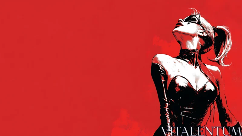 Masked woman in black suit looks upward on red backdrop