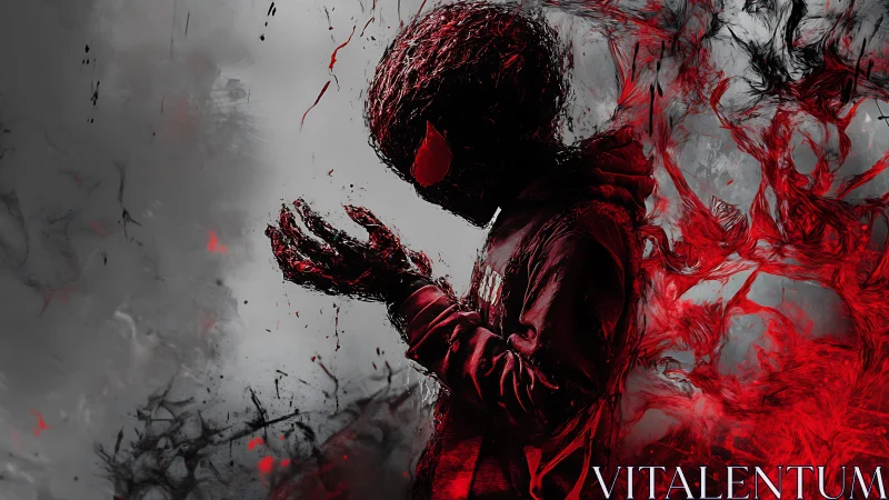 Silhouetted figure dissolves into red particulate energy streams