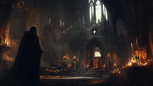 Dark cloaked figure in ruined candlelit gothic cathedral.