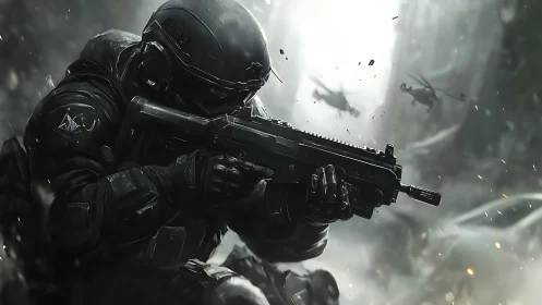 Tactical soldier advances through ruined city under fire.