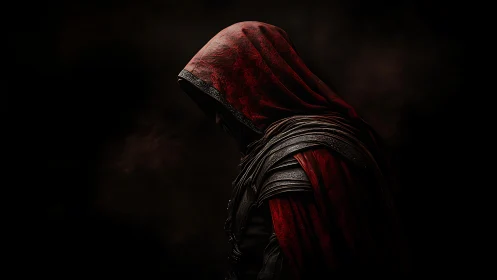 Shadowed red-hooded warrior wrapped in baroque armor silence.
