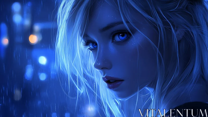 Neon blue portrait of wet blonde woman in rainy city night