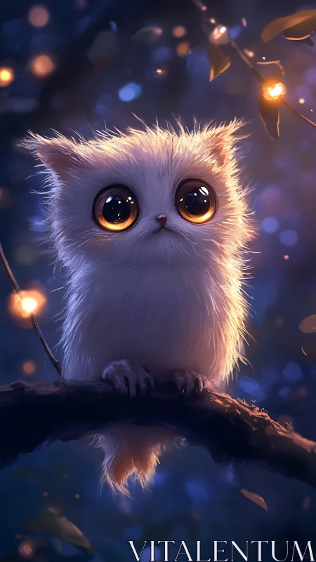Digital painting of wide-eyed owl creature on twilight branch.