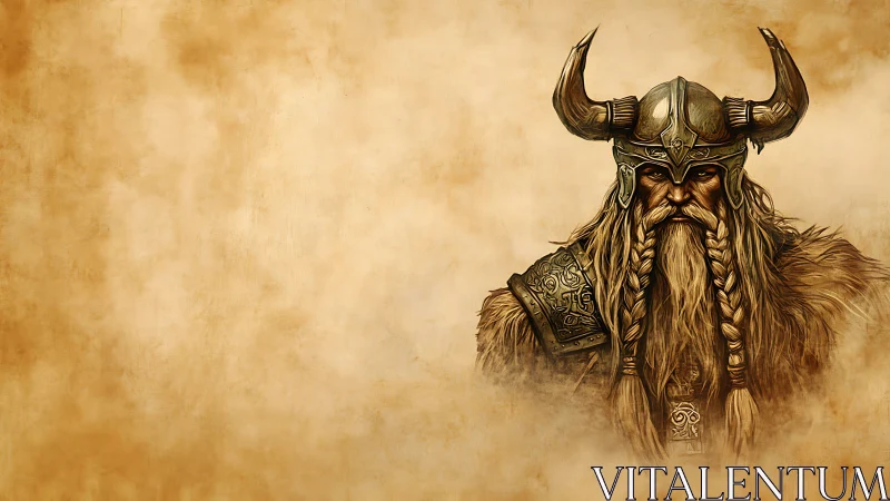 Viking warrior portrait shows horned helmet and braided beard