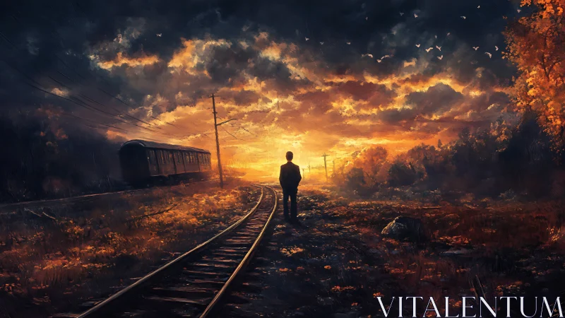 Solitary traveler watching a glowing sunset crossroads.