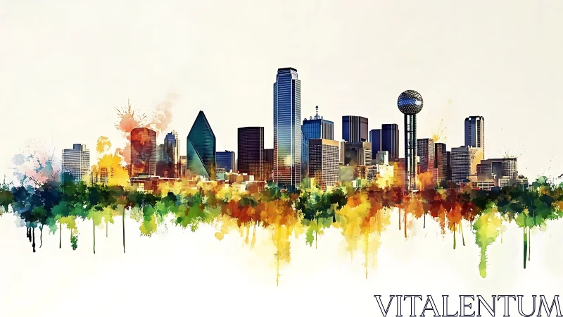 Urban skyline silhouette with abstract watercolor trees below.