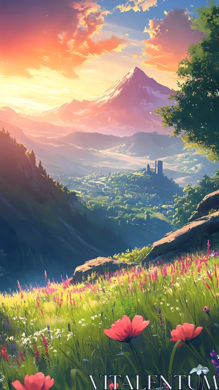 Sunlit alpine valley with wildflowers and distant peak.