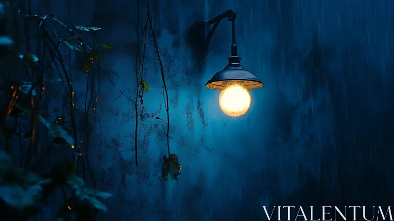 Wall-mounted outdoor lamp illuminating wet blue surface.