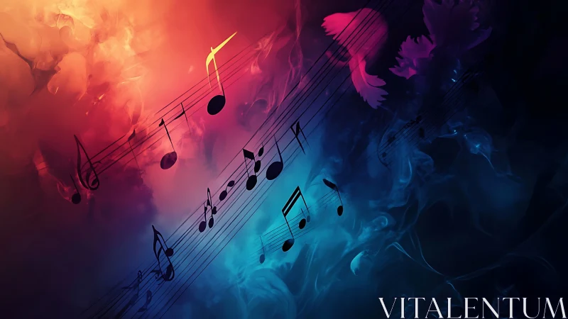 Musical notation overlays a dual-tone abstract color gradient
