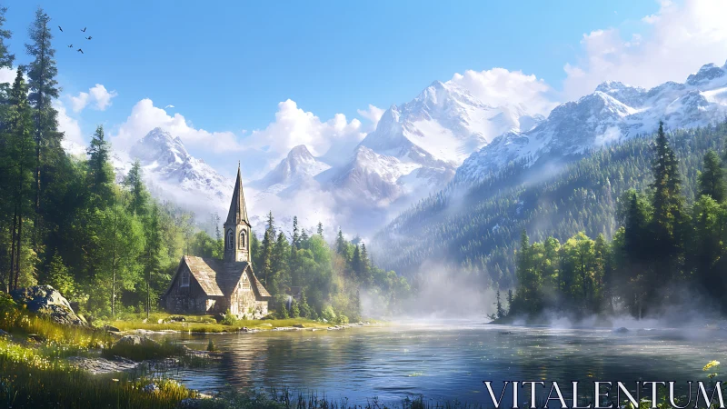 Mountain lake landscape with chapel and conifer forest.