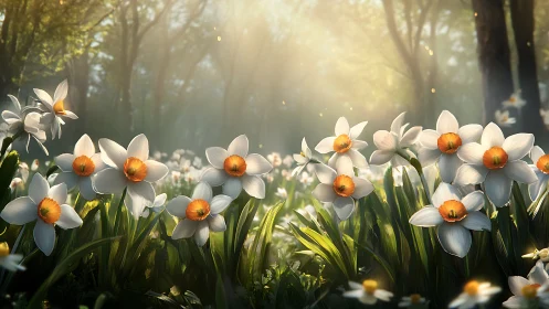 Sunlit Daffodils in Forest Glade Create Dreamy Spring Garden Scene