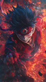 Fiery anime warrior lunging forward through erupting embers