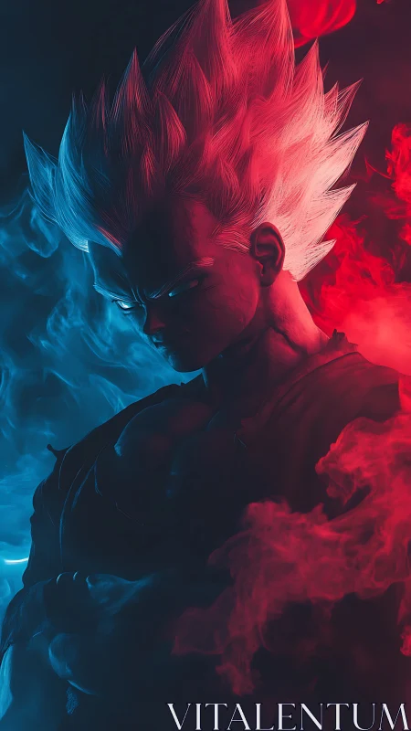 Bicolor rim-lit anime warrior rendered in dramatic chiaroscuro