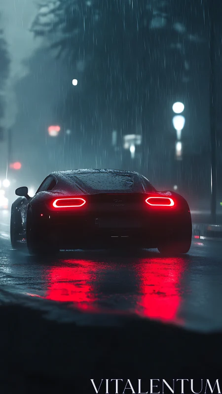 Sports car taillights glow on rainy neon city street.