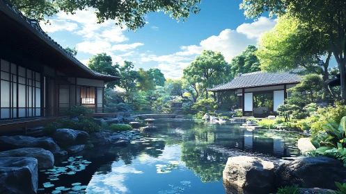 Serene Japanese garden courtyard with reflective koi pond.