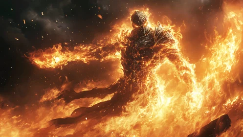 Blazing fire guardian strides through a storm of embers.