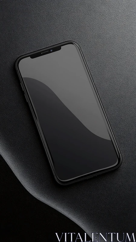 Black smartphone with notch on textured surface.