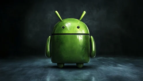 Photoreal 3D android mascot rendered on moody studio stage