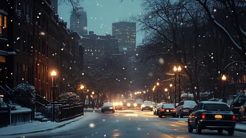 Snowy city street glowing with gentle winter evening lights.