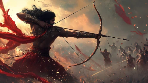 Heroic archer stands firm against a storm of warriors.