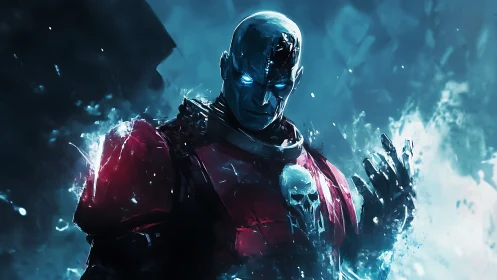 Armored humanoid figure amid blue energy field stands motionless