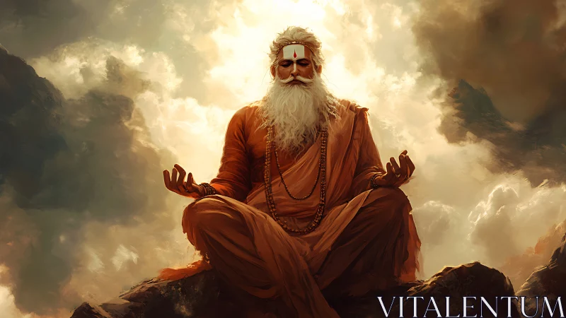 Serene sage sits in golden clouds, radiating calm wisdom