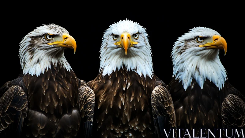 Three majestic bald eagles in dramatic portrait style on black.