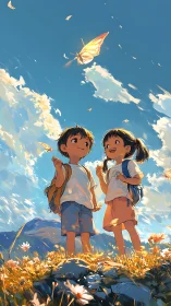 Two children watch glowing butterfly over sunny hillside.