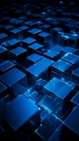 Blue luminous glass cubes in geometric digital grid.