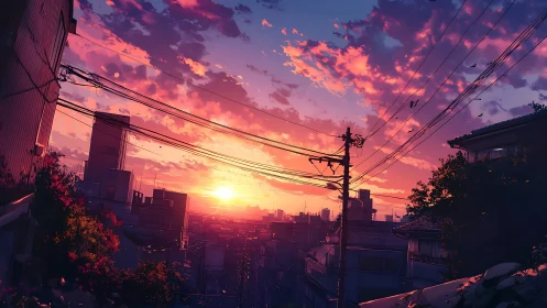 Urban sunset skyline burns under vivid violet clouds.