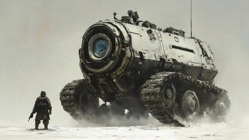 Tracked military vehicle and soldier in sparse foggy terrain.