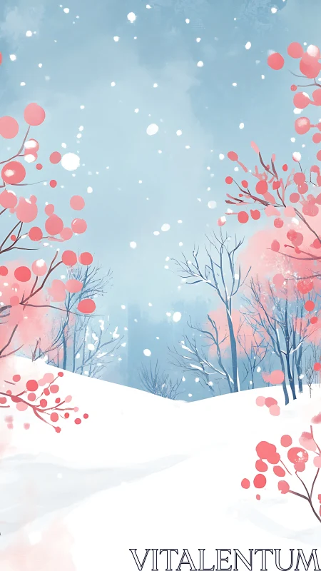 Minimal winter landscape with red foliage and snowfall.