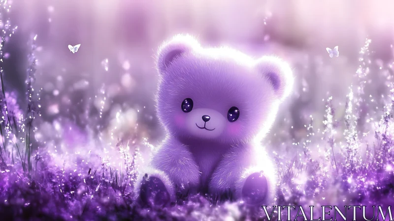 Luminescent lavender plush bear in ethereal meadow light