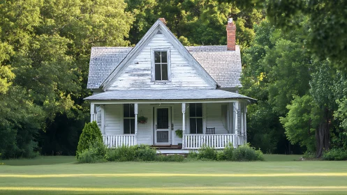 White wooden cottage with porch in green tree setting.