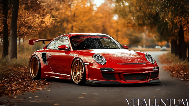 Crimson sports car glows against a peaceful autumn roadway
