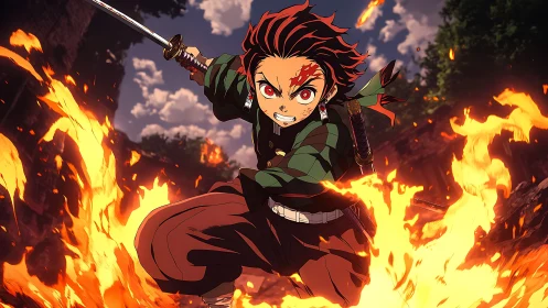 Dynamic anime swordsman lunges through engulfing battlefield flames