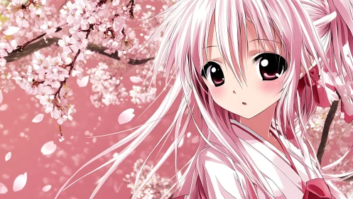 Soft pink blossoms and curious anime girl in springtime hush.