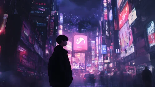 Solitary silhouette within neon-soaked cyberpunk city canyon.