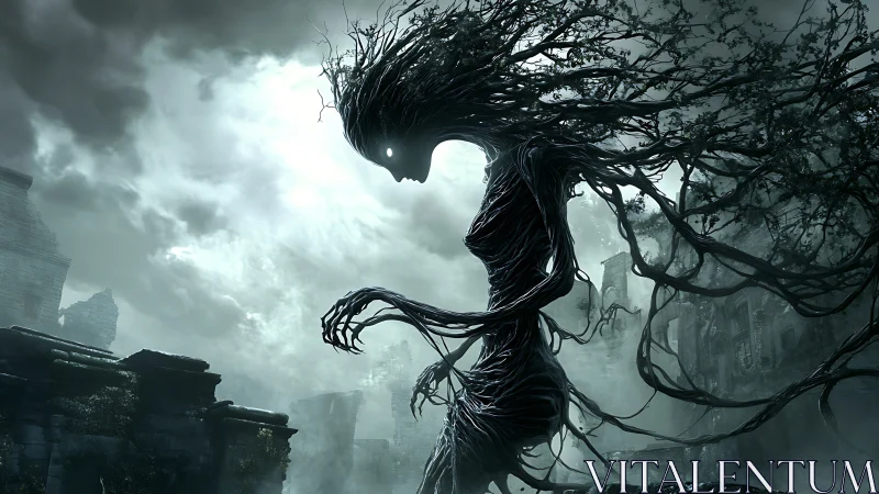 Twisted tree wraith looms over ruined stone city at dusk