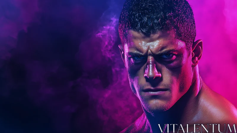 Male figure stares forward against magenta and blue haze