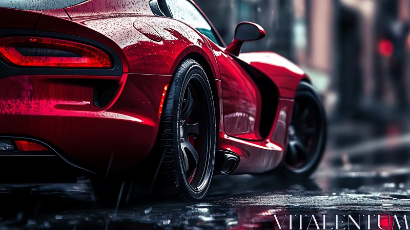 Rear three-quarter view of red sports car on wet street.