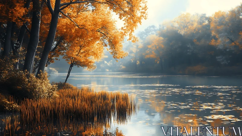 Autumn trees reflected along calm forest lake shore.