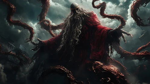 Eldritch robed giant with writhing tentacles in stormy sky