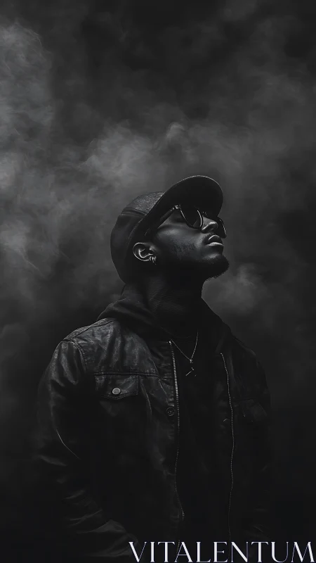 Moody portrait of man in leather jacket amid drifting smoke.