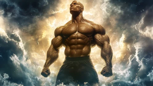 Muscular male figure in clouded, backlit digital scene.