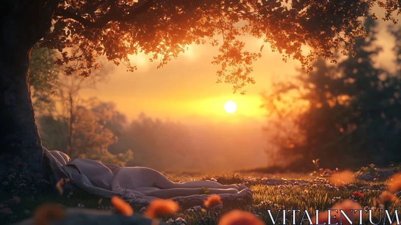 Sunlit forest clearing with tranquil blankets beneath tree.