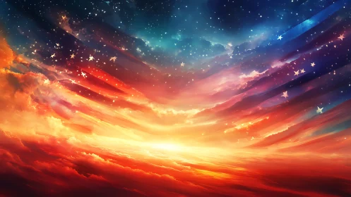 Vivid cosmic sky over glowing clouds at dramatic sunset.