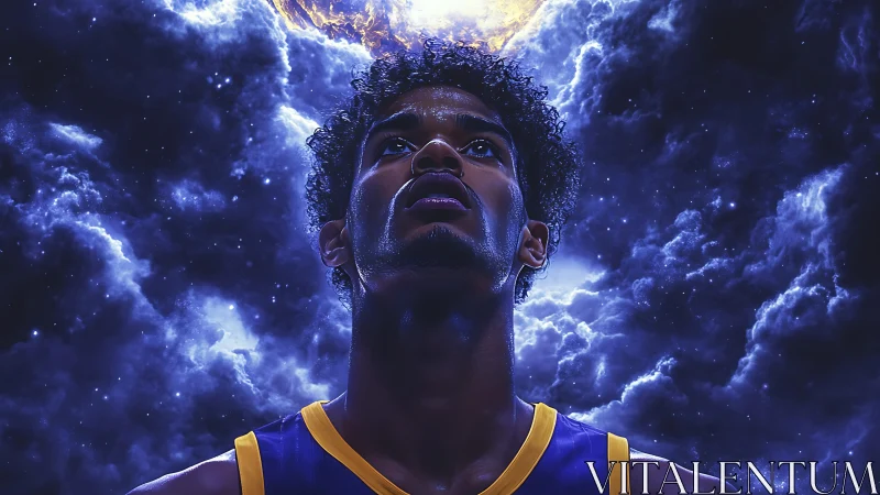 Basketball player portrait under cosmic storm sky with rim lighting