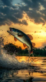 Leaping game fish against blazing golden lake sunset sky.