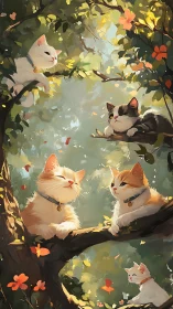 Digital painting depicts five cats positioned across branching tree limbs in dappled golden light en